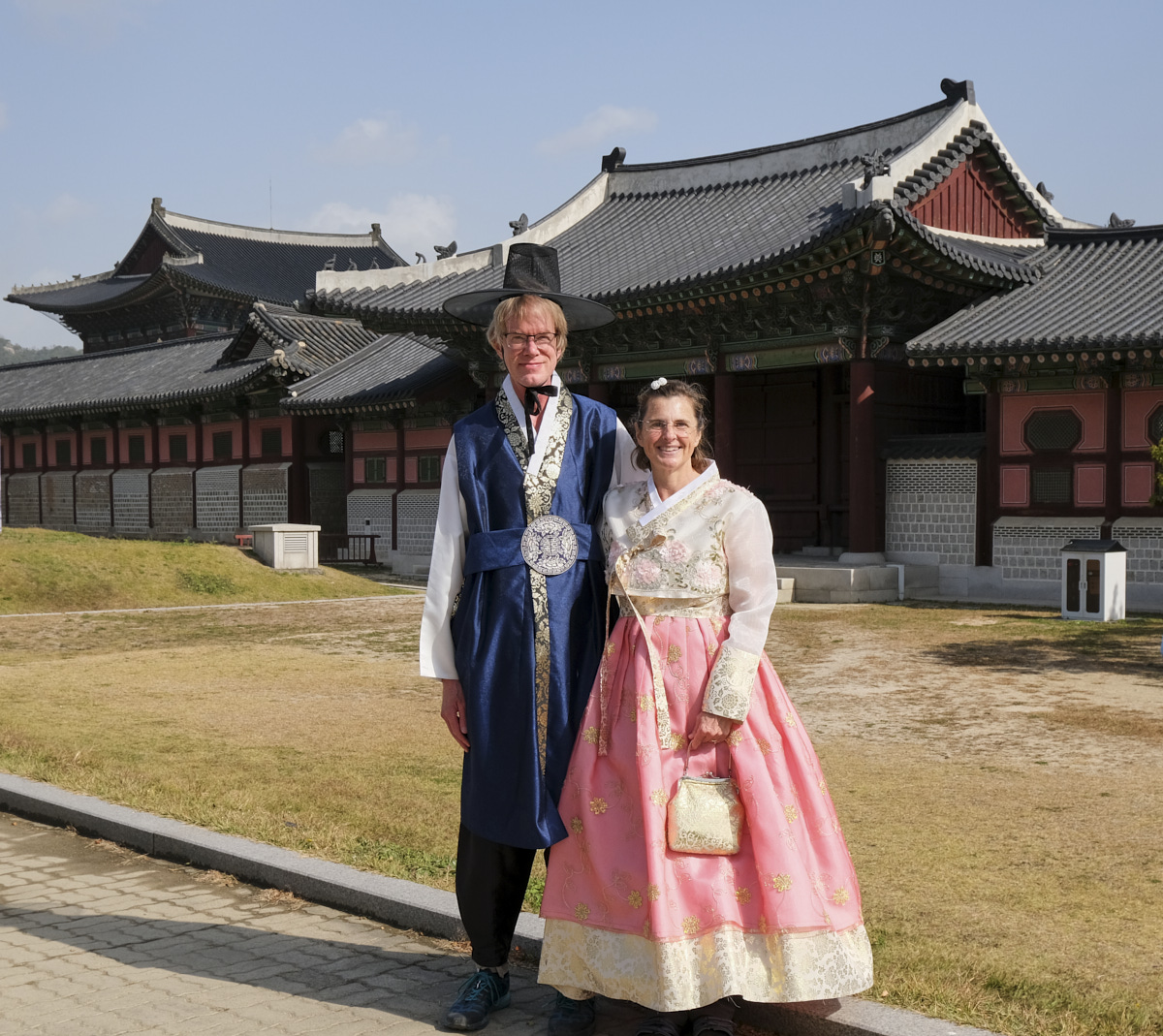 Deb and Tim in traditional Hanbok clothing