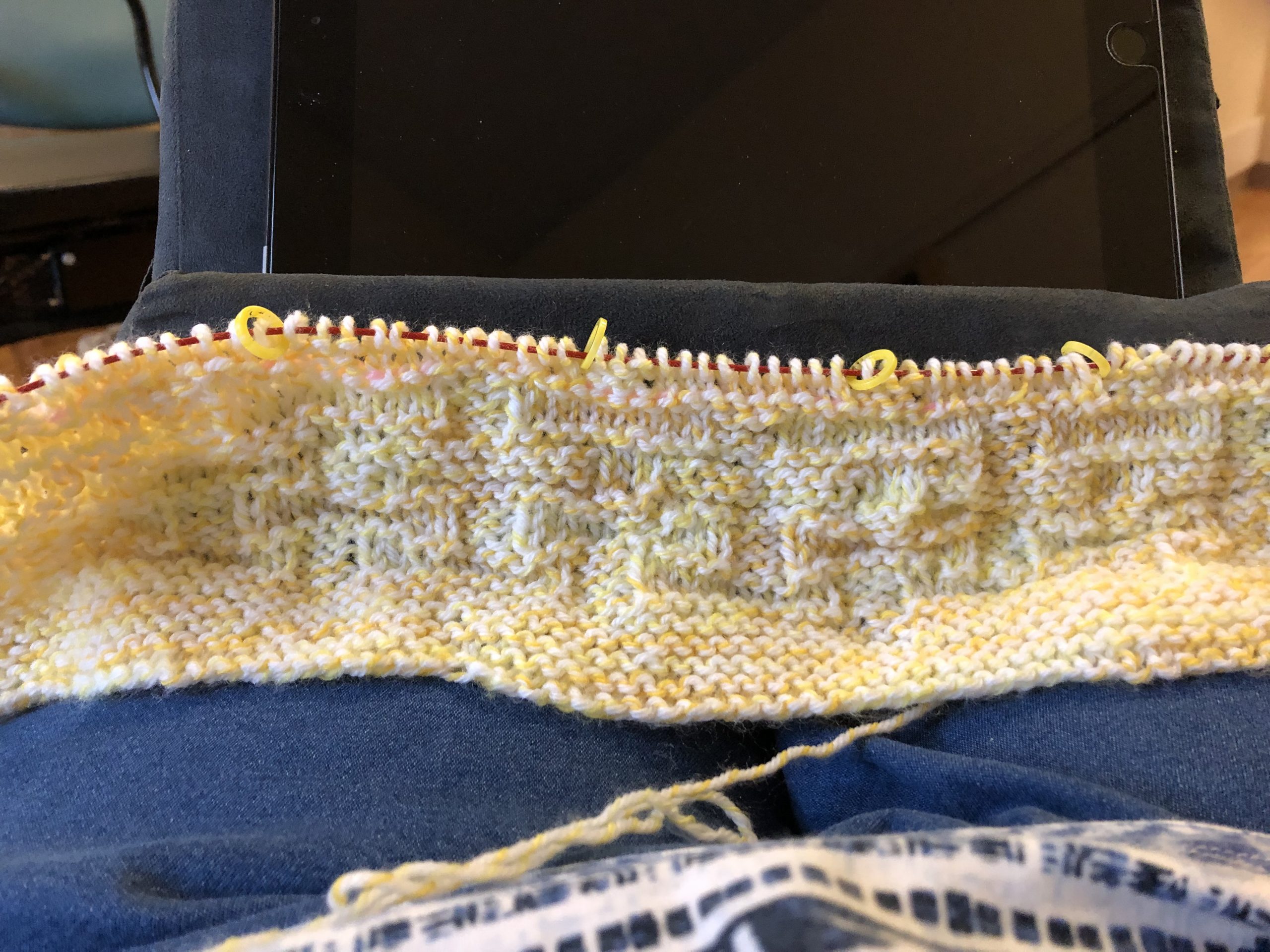 Kay's knitting on basket weave blanket