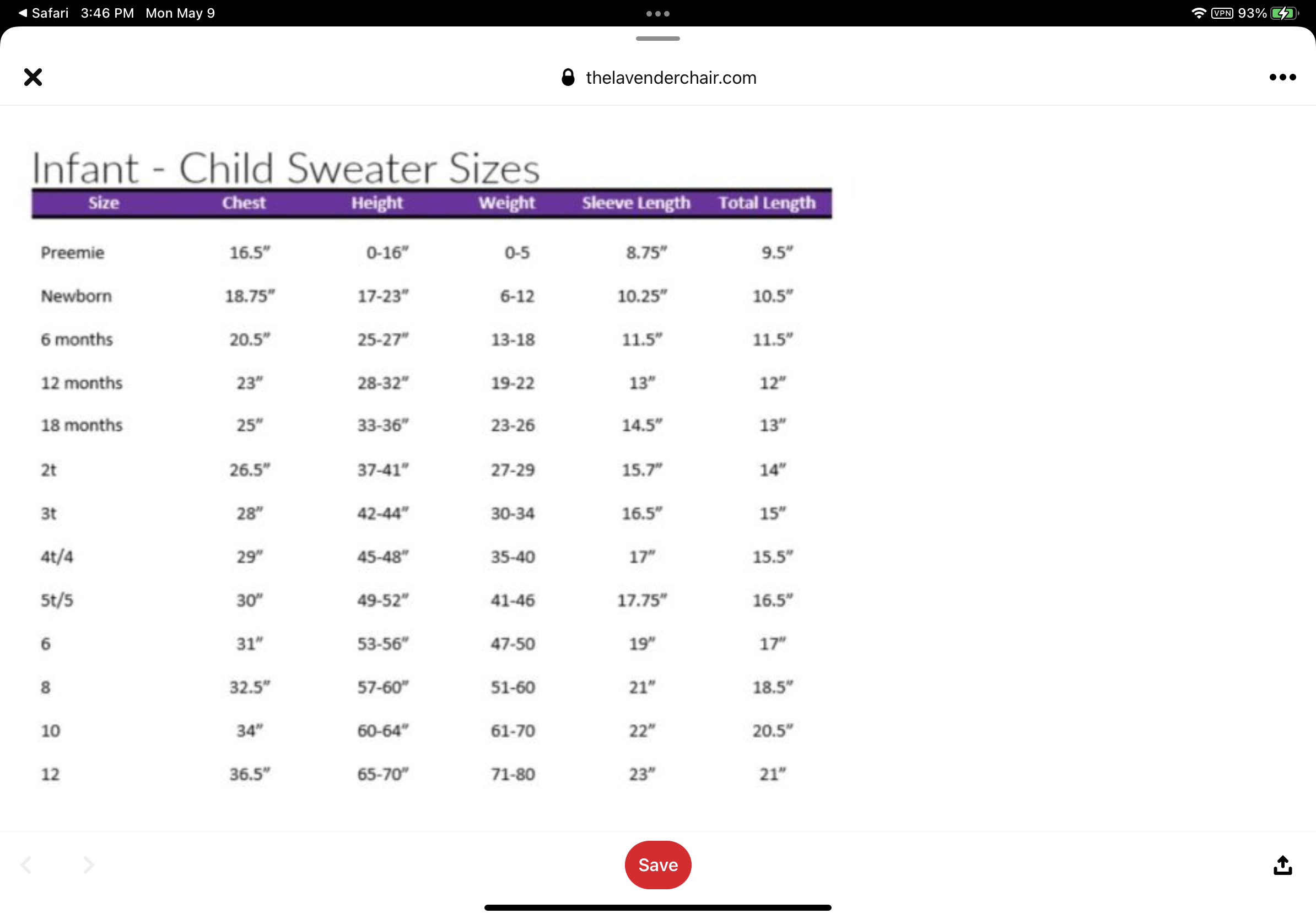 Sweater size chart