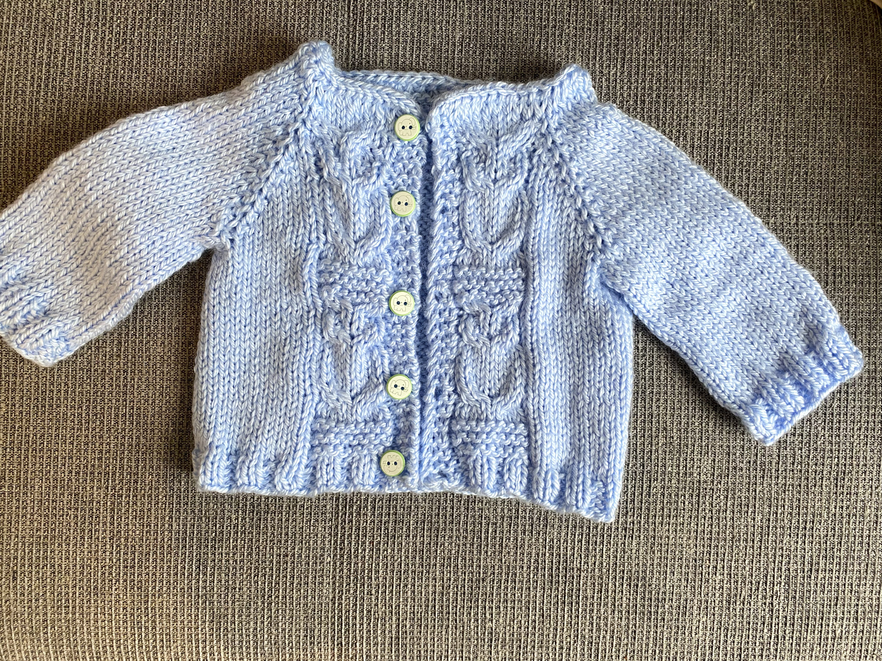 Baby blue sweater with owls and elephant buttons