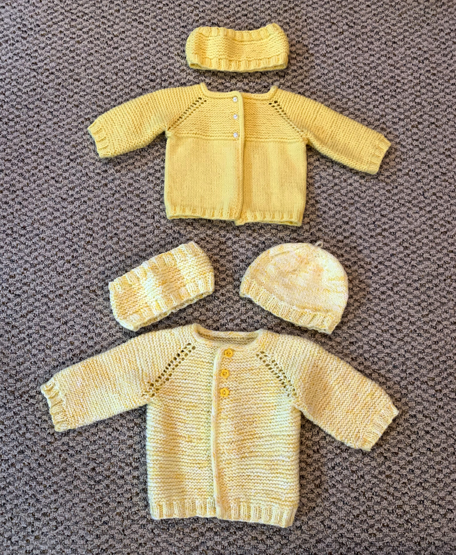 Kay Southam Yellow Baby Sweaters and head gear